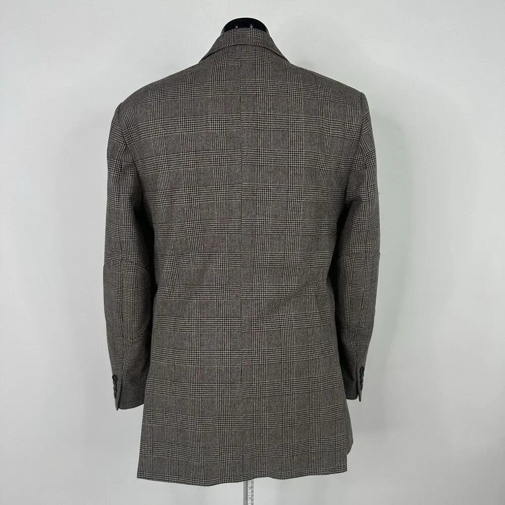 Club Monaco Elbow Patch Equestrian Wool Blazer 40R Brown Plaid Sport coat Jacket